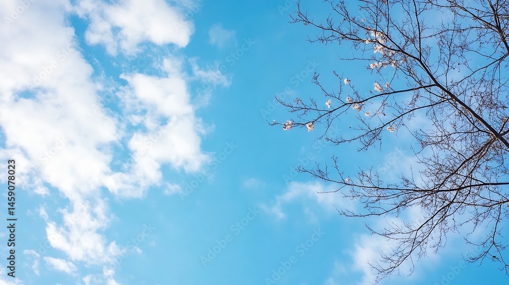 Poster bare tree branches with a few white flowers against a vibrant blue sky dotted with fluffy white clou