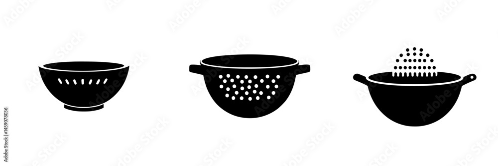 Poster black icons depicting various types of kitchen colanders and strainers in a minimalist design suitab