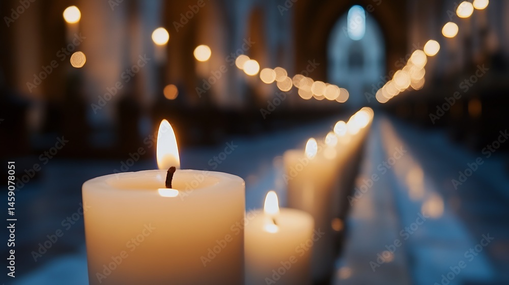 Aufkleber a row of softly glowing candles illuminates a dimly lit church aisle, creating a serene and peaceful
