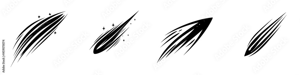 Poster set of flat black icons representing dynamic motion and speed with stylized lines and sparkles in va