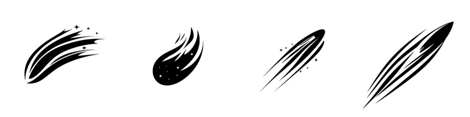 Dynamic flat black icons representing comets and shooting stars with varying styles and designs for graphic use