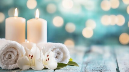 Serene spa setting with two lit candles, rolled white towels, and delicate white flowers on a teal wooden surface, creating a tranquil and relaxing atmosphere. : Generative AI