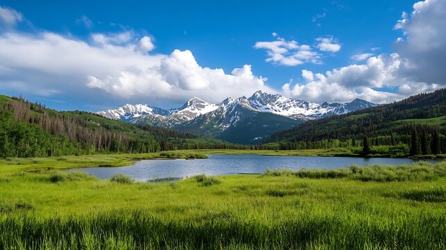 Serene mountain lake nestled in a lush green valley, snow-capped peaks under a vibrant blue sky with fluffy clouds. : Generative AI