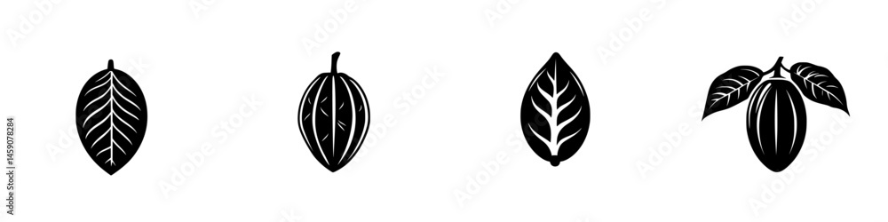 Poster flat black icons of cocoa leaves and pods arranged in a row suitable for design projects