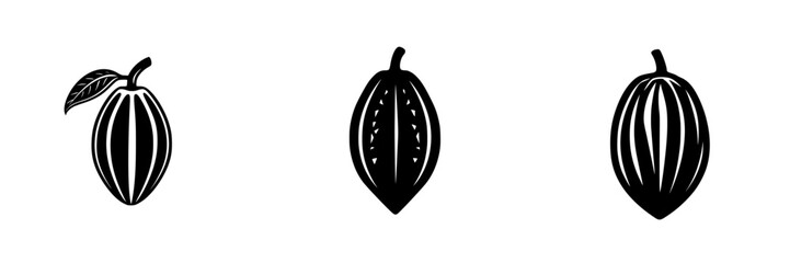 Black icon set featuring three unique cacao pod designs showcasing different shapes and details