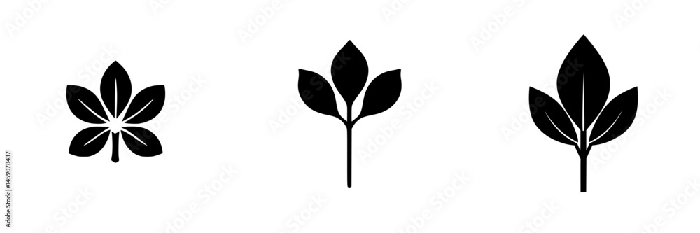 Poster flat black icons depicting various leaf designs arranged horizontally in simple and clean styles on 