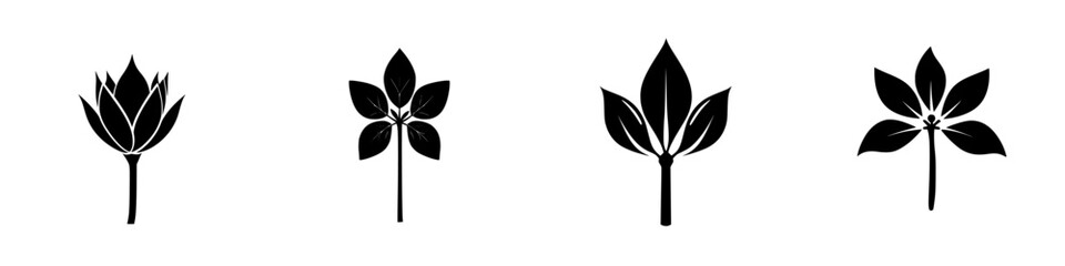 Fototapeta premium Collection of flat black plant icons representing various leaf designs suitable for digital and print projects