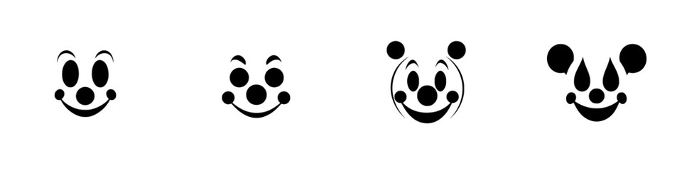 Various flat black clown face icons showcasing different expressions and styles ideal for creative projects or digital designs