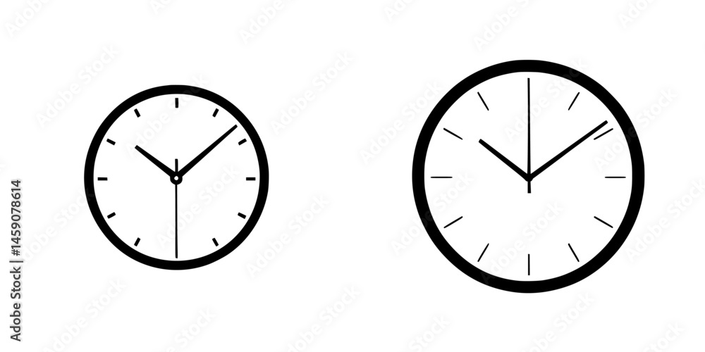 Poster simple black icons representing two different clock designs showcasing analog timekeeping with clear