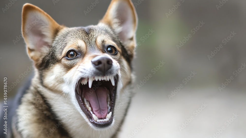 Poster close-up of a snarling dog, showing sharp teeth and intense expression. the dog's fur is a mix of br