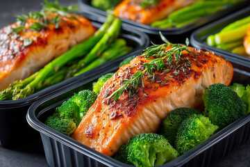 Grilled salmon and broccoli arranged in meal prep containers on kitchen counter, showcasing healthy eating. Concept of meal prep, nutrition, fitness-focused dining