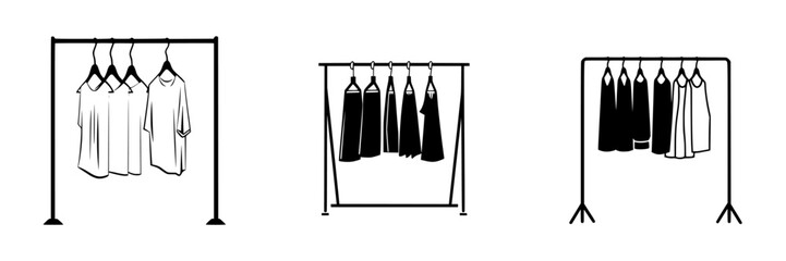 Clothing display rack with various garments in flat black icon format designed for digital applications and modern branding