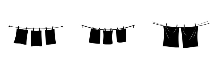 Clothes hanging on a line in a minimalistic black icon style illustrating laundry drying