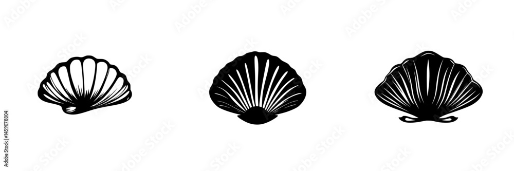 Poster flat black shell icons representing various types of seashells on a neutral background with a minima