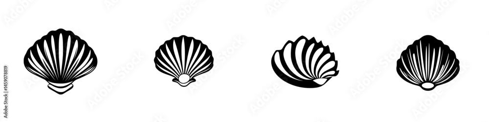 Poster stylized flat black shell icons representing various types of seashells for design and decorative pu