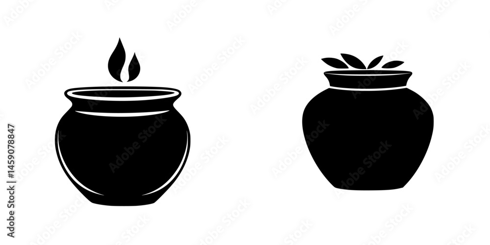 Poster flat black icon representing a jar with a flame and another jar with leaves for decorative use