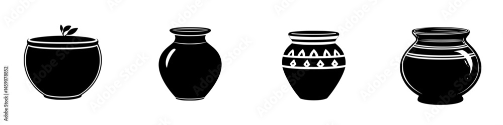 Poster flat black icon collection of various pots showcasing simple yet distinct designs and shapes for dec