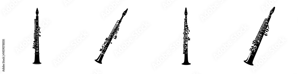 Poster collection of flat black oboe icons arranged in a row highlighting the intricate design of the instr