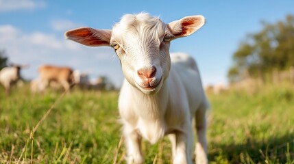 Obraz premium Adorable young white goat kid curiously looks at camera in a sunny pasture, other goats blurred in background. : Generative AI