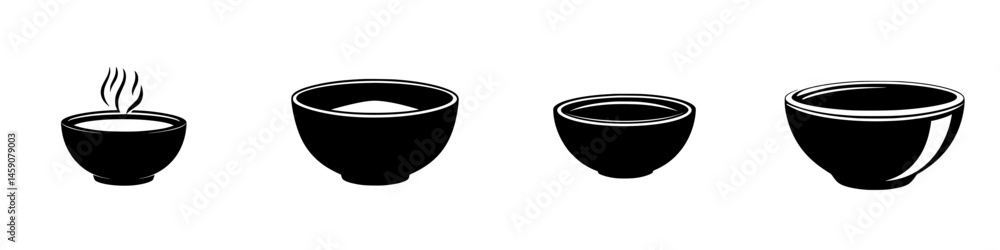 Aufkleber flat black icon representing different types of bowls arranged sequentially for culinary or design p