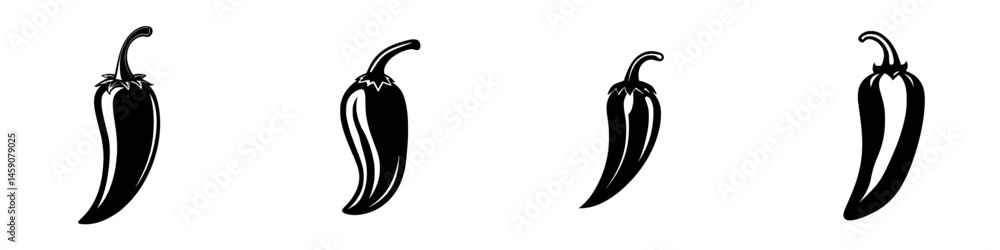 Aufkleber flat black icons of chili peppers arranged in a row showcasing different shapes and sizes in a minim