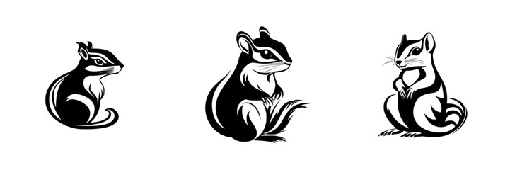 Obraz premium Stylized flat black icons of three different chipmunks in various poses on a white background