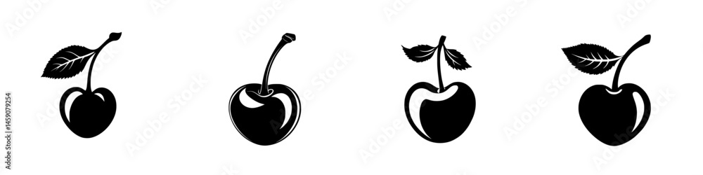 Poster flat black cherry icons representing various styles of cherry fruit in a simple and clean design sui