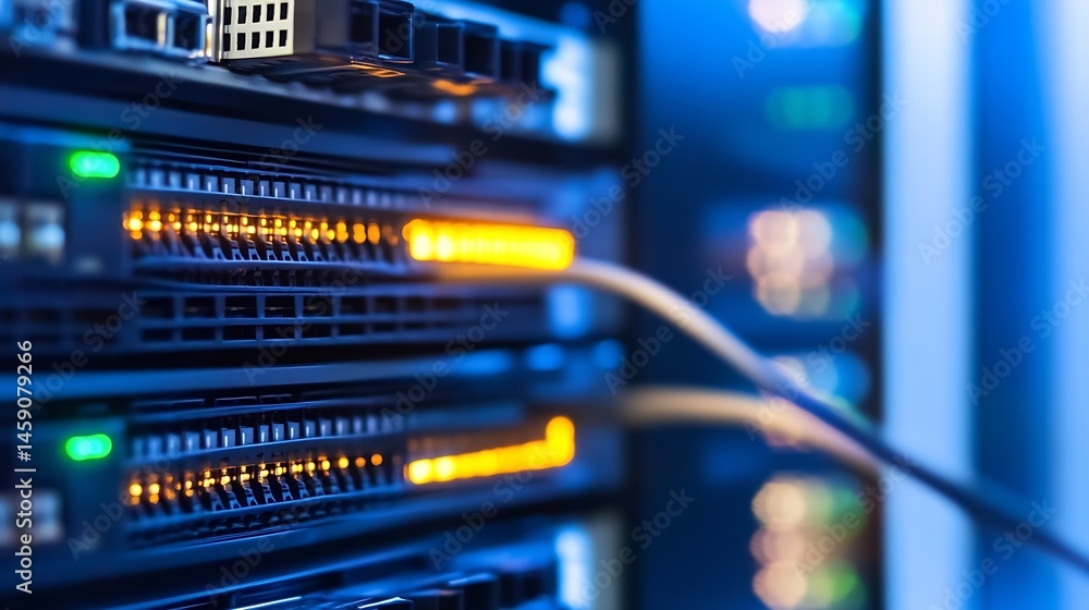 Aufkleber Close-up view of illuminated network server ports, showcasing data transfer activity within a modern data center environment. : Generative AI