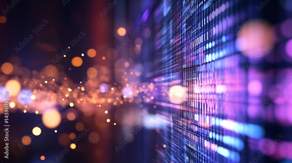 Poster Abstract digital data stream, glowing purple and blue binary code, flowing particles, technology background, futuristic concept, vibrant colors, network visualization, data processing, : Generative AI