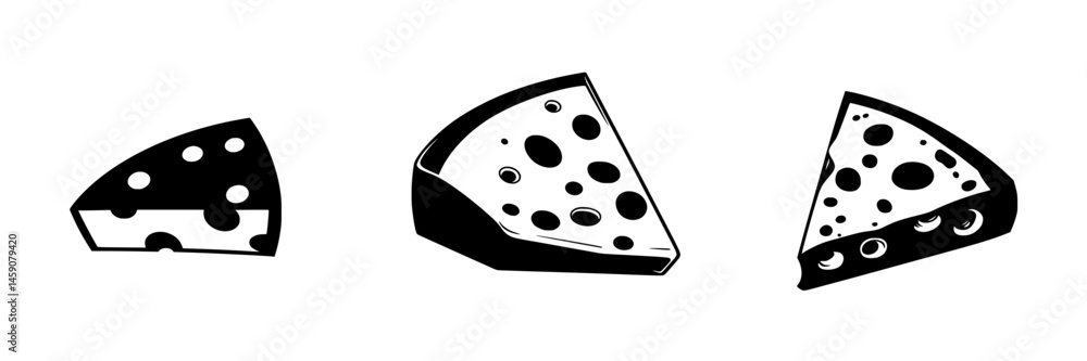 Poster flat black icons of various cheese slices showcasing distinct shapes and patterns on a simple backgr