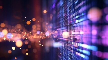 Abstract digital data stream, glowing purple and blue binary code, flowing particles, technology background, futuristic concept, vibrant colors, network visualization, data processing, : Generative AI