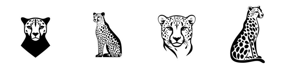 Fototapeta premium Collection of flat black cheetah icons showcasing various artistic representations and styles of the big cat