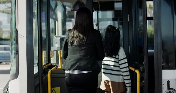 Bus, stop and back of mom with child pay ticket for journey, travel and morning commute in city. Public transport, passenger service and mother with girl at station for trip to work or school