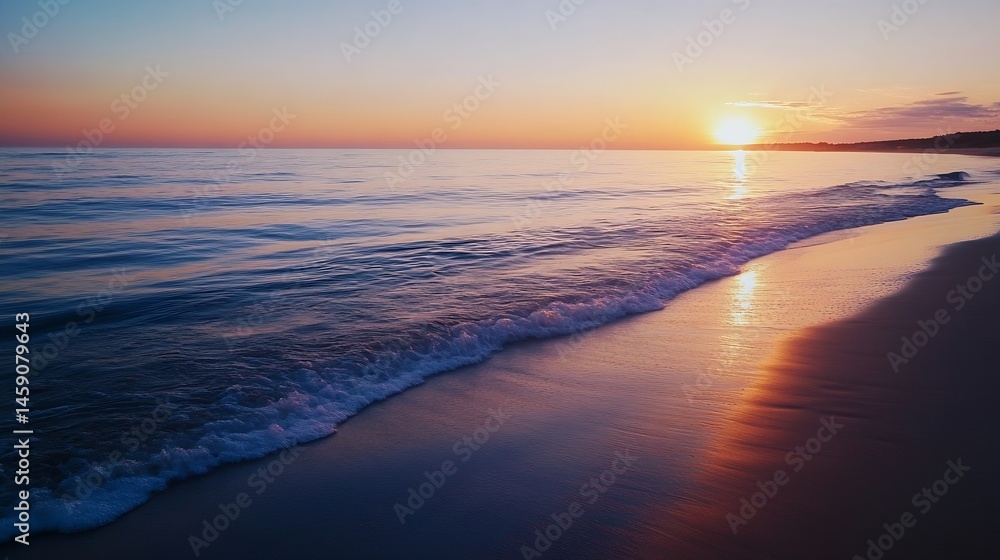 Poster serene sunset over the ocean, gentle waves lapping the sandy shore, creating a picturesque coastal s