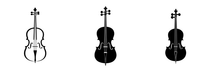 Elegant flat black icons of violins on a white background illustrating different shapes and styles of string instruments used in music