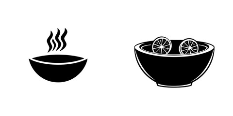 Different types of food icons representing hot soup and fresh salad bowl, perfect for menus or culinary designs