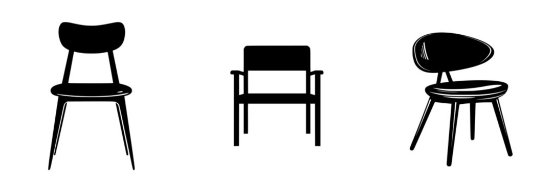 Flat black icons of various chair designs showcasing modern simplicity in furniture aesthetics