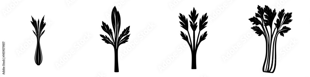 Poster various flat black icons of celery featured in individual designs showing different styles and shape