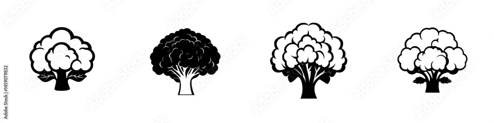 Poster collection of flat black and white tree icons illustrating various styles and forms in a minimalist 