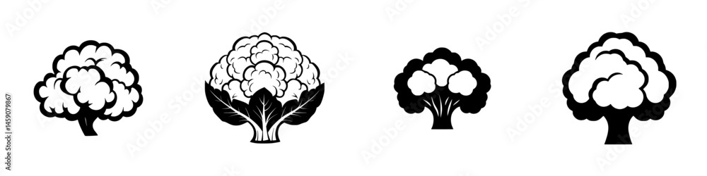 Poster collection of flat black icons representing different types of trees and vegetables in a minimalist 