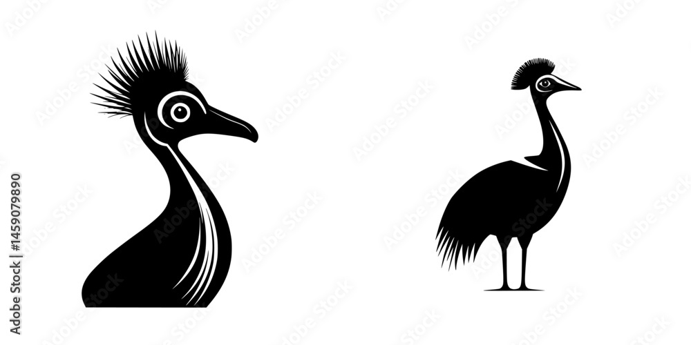 Poster flat black icon featuring two different stylized bird designs with distinctive crests and features, 