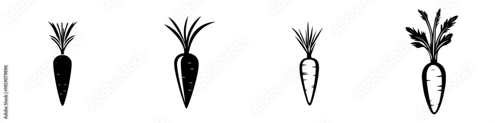 Poster black flat icons representing different types of carrots with varying shapes and leaf styles in a mi