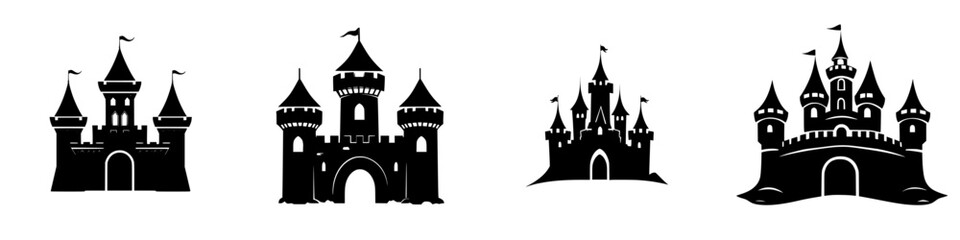 Fototapeta premium Icon collection of flat black castle designs showcasing various architectural styles and features