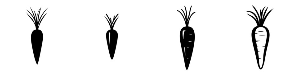 Collection of flat black carrot icons on a white background showcasing various styles and sizes for design use