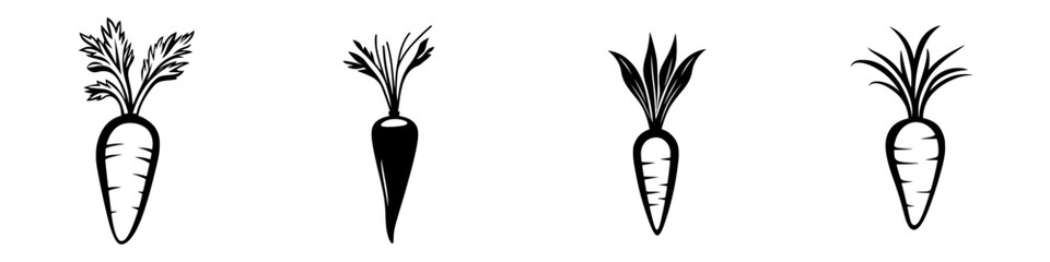 Flat black icons of carrots with varying styles showcasing vegetables in minimalist design