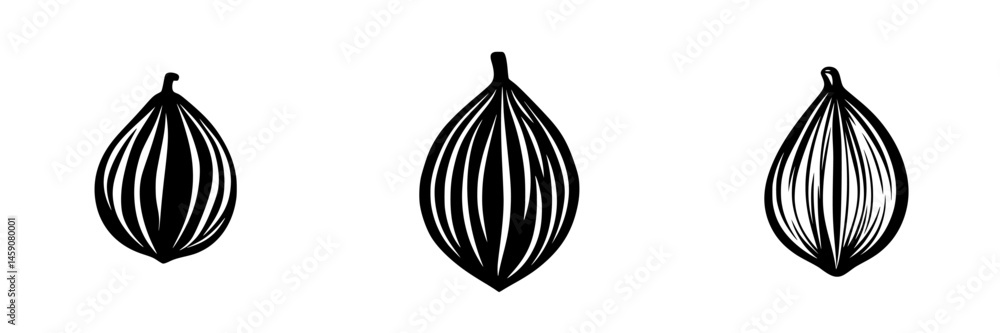 Poster simple flat black icon of three seed shapes featuring distinct line patterns, ideal for design and c