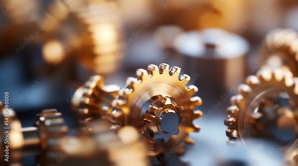 Poster Close-up view of intricately designed golden gears, showcasing precision engineering and mechanical complexity.  The image evokes themes of industry, technology, and intricate craftsma : Generative AI