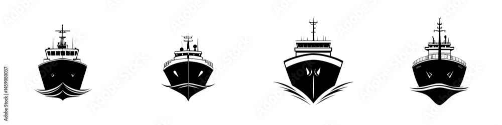 Poster flat black icons of various types of ships showing different designs and shapes suitable for maritim