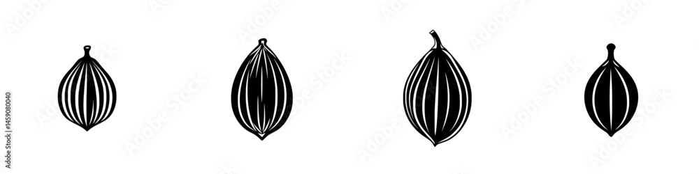 Poster stylized flat black icons of various seed shapes arranged in a line with simple line detailing