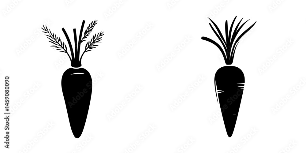 Poster flat black icon representing a carrot and its leafy greens in a minimalist design suitable for vario